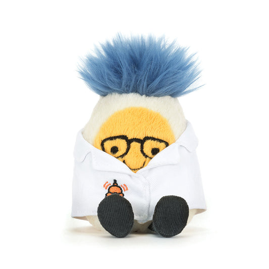 Jellycat Amuseables Boiled Egg Scientist Outfit plush toy with yellow egg shape and lab coat, cheerful and whimsical design.