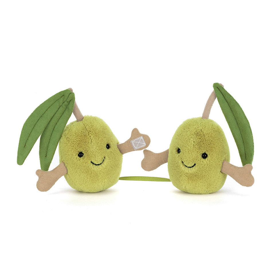 Jellycat Amuseables Pair of Olives plush toys with green and black olive designs and soft, cuddly fabric.
