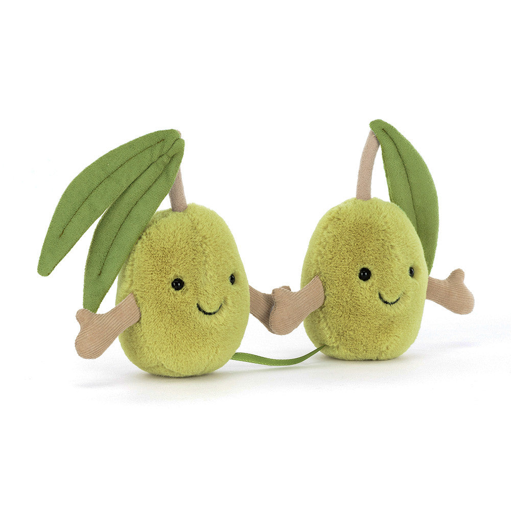 Jellycat Amuseables Pair of Olives plush toys with green and black olive designs, soft and cuddly for children.