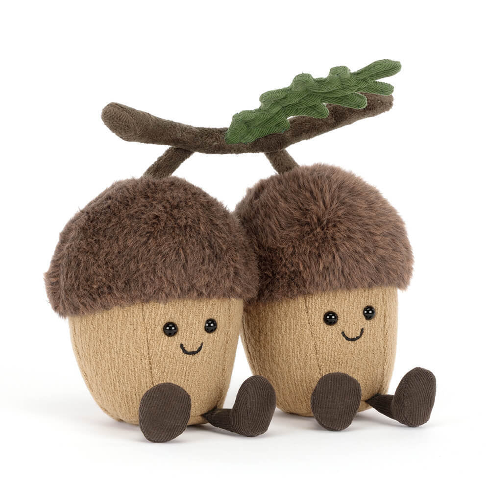 Soft plush Jellycat Amuseables Ort & Tum Acorns, adorable stuffed toys with detailed acorn and leaf designs.