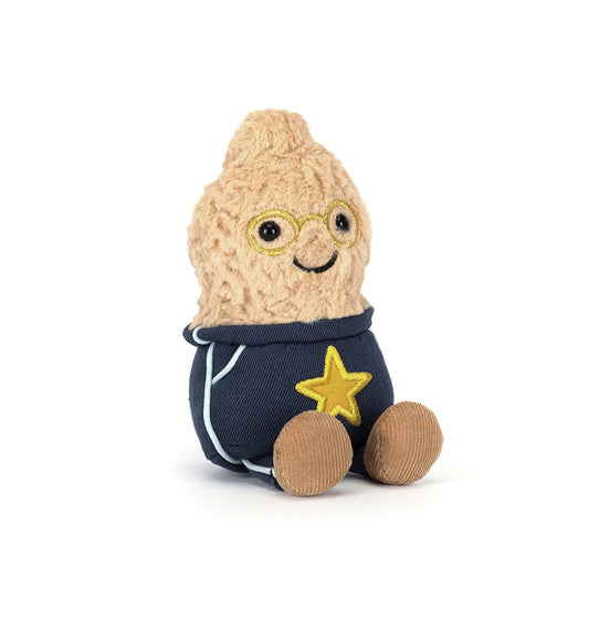 Jellycat Amuseables Peanut Star Student Outfit plush toy with yellow star design and colorful clothing, lying on a white background.