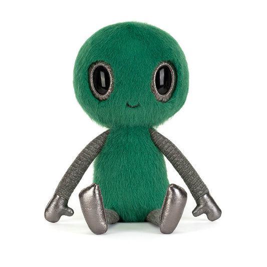 Soft plush Zyllan Alien toy by Jellycat with green and purple details, designed for children and plush toy collectors.