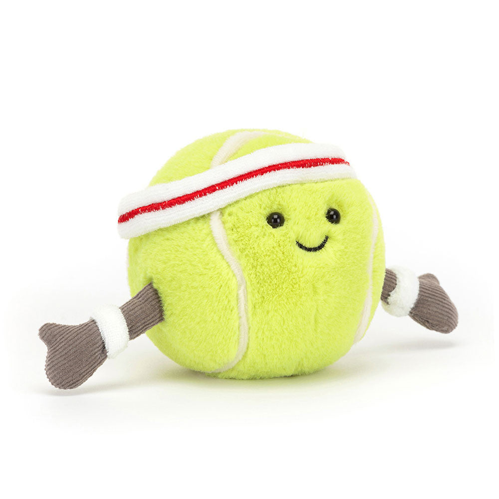 Soft plush Jellycat Amuseables Sports Tennis Ball toy with bright yellow and green colors, ideal for children and collectors