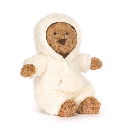 Jellycat Bartholomew Bear all-in-one outfit featuring soft fabric, cozy design, and adorable bear details for babies.