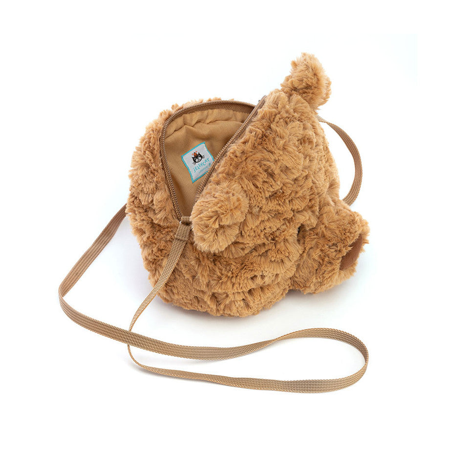 Jellycat Bartholomew Bear shoulder bag with soft plush design and adjustable strap, featuring cute bear face and cozy details.