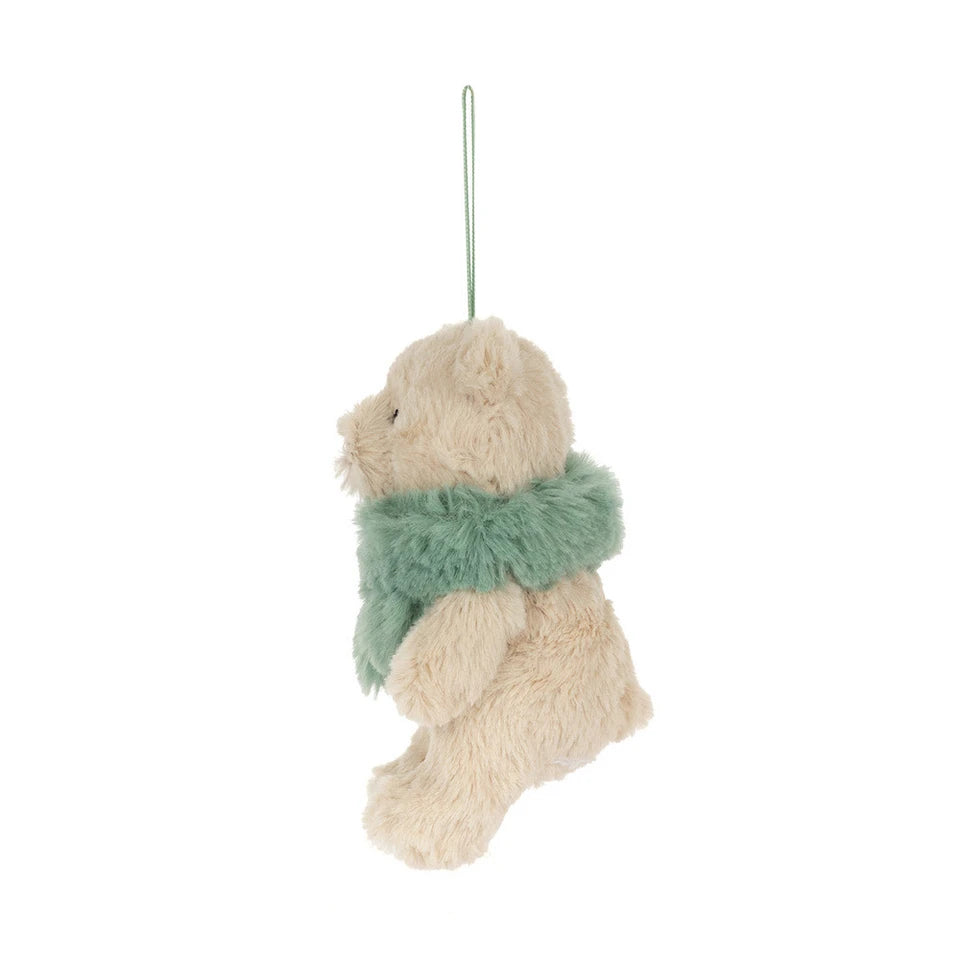 Jellycat Bartholomew Bear Jr. Winter Warmer decoration with cozy fabric, perfect for seasonal festive decor.