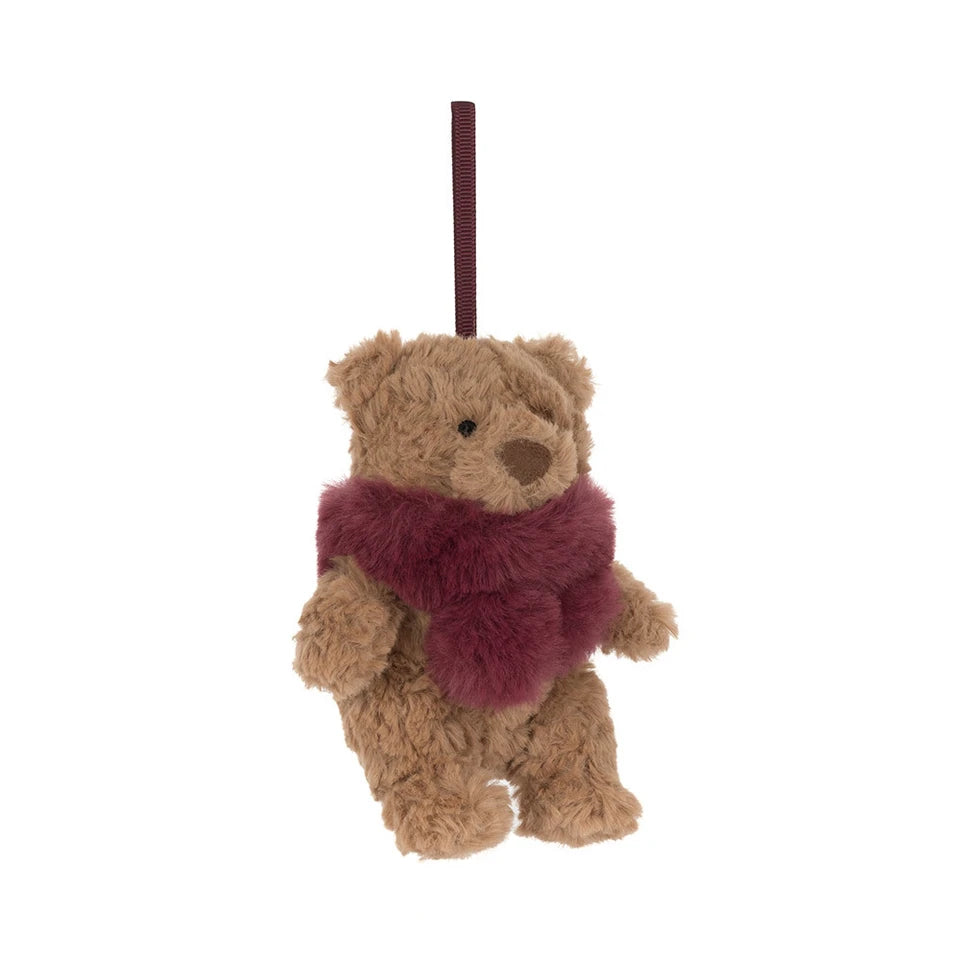 Jellycat Bartholomew Bear winter warmer decoration with cozy knit hat and scarf, soft plush fabric, perfect for festive holiday decor.