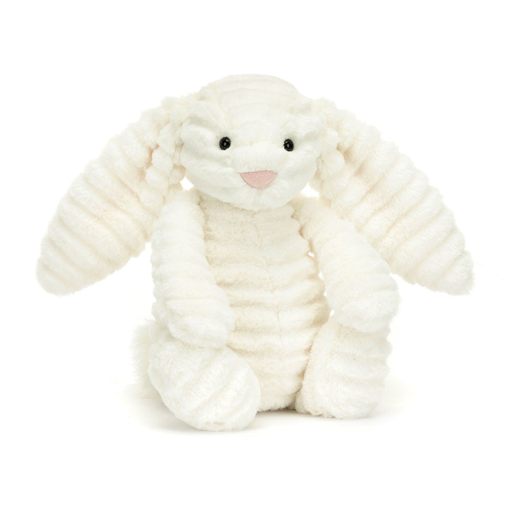 Jellycat Bashful Luxe Bunny Nimbus plush toy with soft grey fur and floppy ears, ideal for cuddling and comfort.