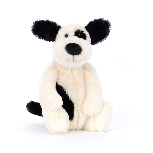 Jellycat Bashful Black and Cream Puppy plush toy with soft fur and floppy ears, small size, perfect for cuddling.