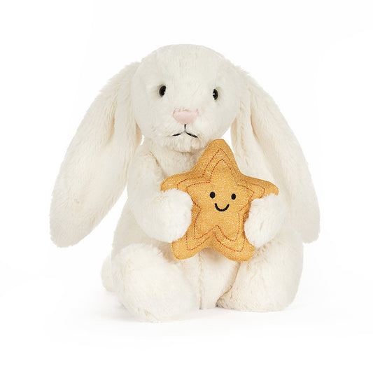 Soft cream Jellycat Bunny with star-shaped accents, plush toy for children, featuring a cute bunny design with star details.