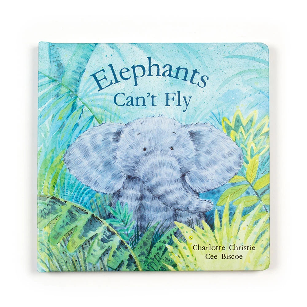 Jellycat Elephants Can't Fly children's book cover featuring colorful illustrations of playful elephants and whimsical scenes.