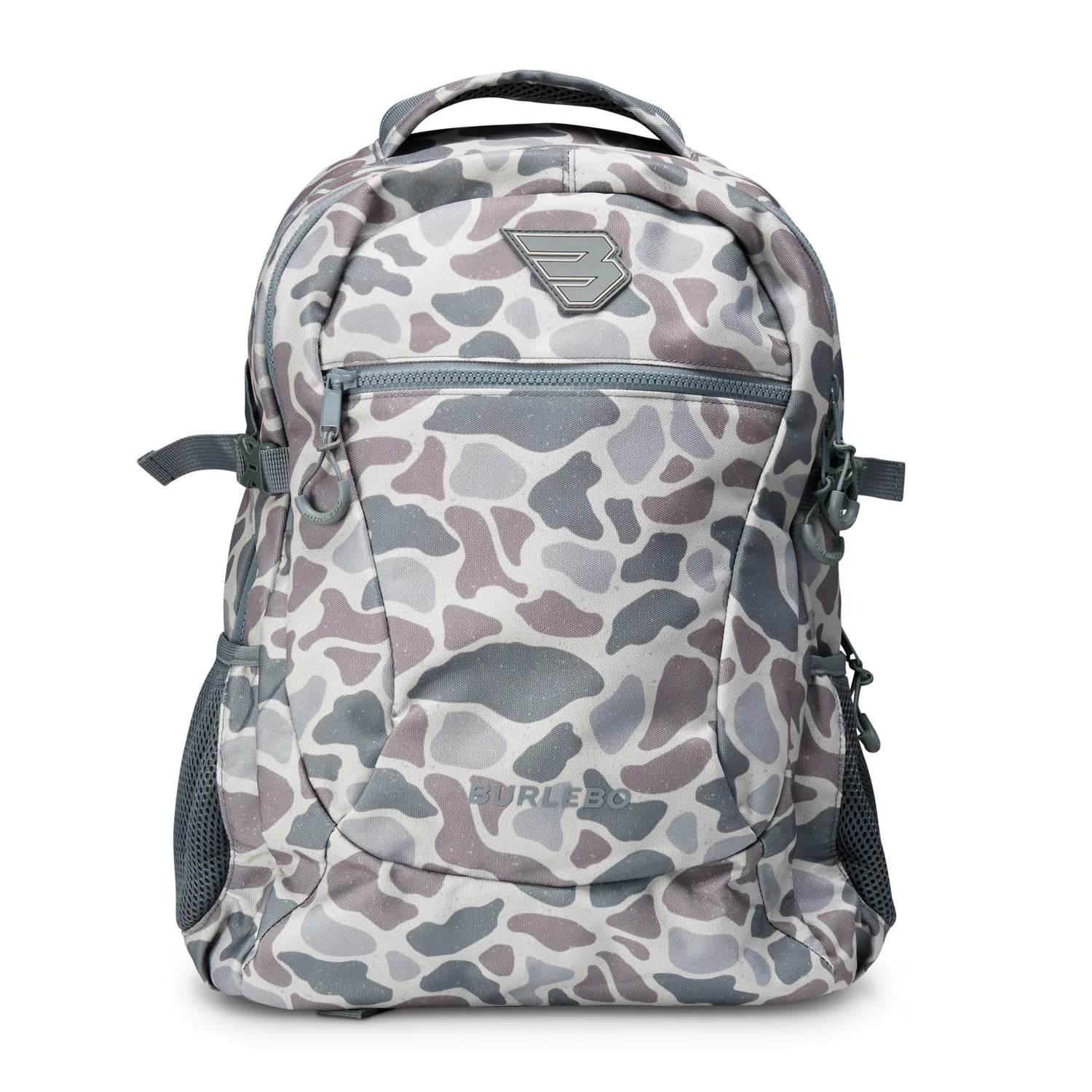Burlebo Classic Deer Camo Backpack with front zipper pocket and adjustable straps, featuring woodland camo pattern.
