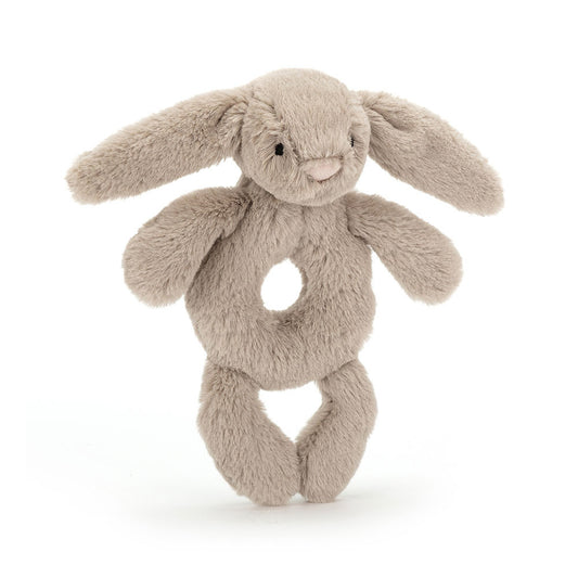 Jellycat Bashful Bunny Ring Rattle in beige with soft plush body and a gentle face, designed as a baby toy and teething rattle.