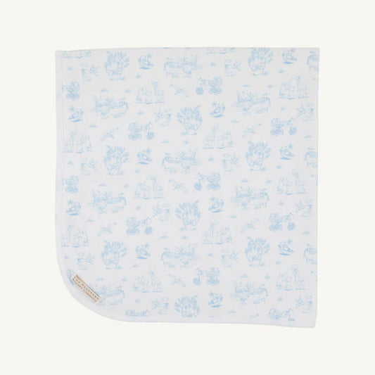 Baby buggy blanket in Beale Street Blue with Sir Propers Sweet Arrival design from The Beaufort Bonnet Company.