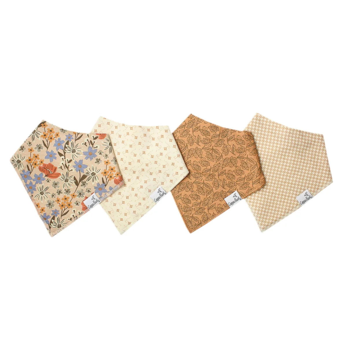 Copper Pearl Eden baby bandana bib set includes four soft, stylish cotton bibs with trendy patterns for infants.