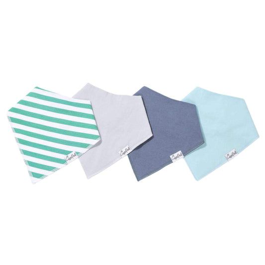 Baby wearing Copper Pearl Oxford Baby Bandana Bibs with stylish blue and white patterned fabric, soft and absorbent for drool protection.