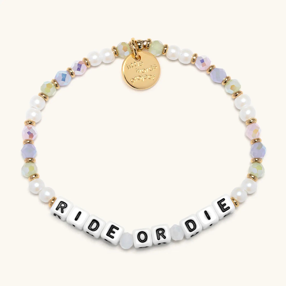 Little Words Project bracelet with "Best Ride Or Die" engraved charm, featuring colorful beads and a silver clasp.