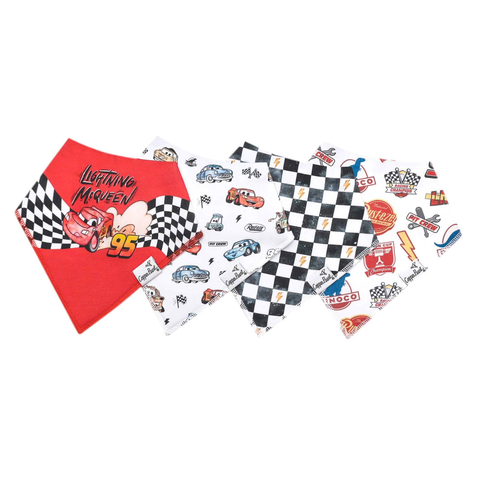 Disney Pixar Cars bandana bib set for babies, Copper Pearl 4-pack featuring colorful Cars characters and soft, adjustable bibs.