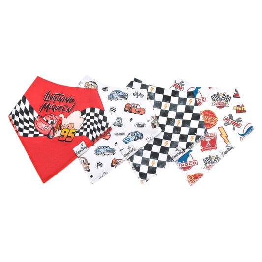 Disney Pixar Cars bandana bib set for babies, Copper Pearl 4-pack featuring colorful Cars characters and soft, adjustable bibs.