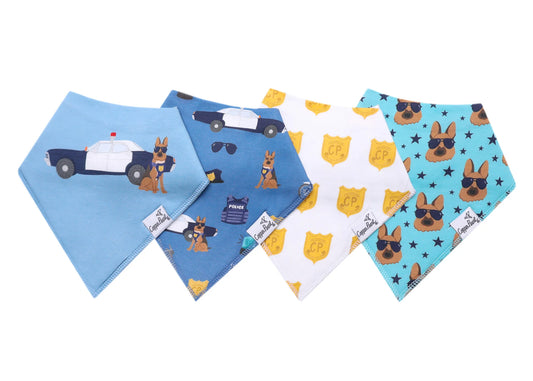 Copper Pearl policeman-themed baby bandana bib set featuring fun, adjustable bibs with police badge and police car designs for infants.