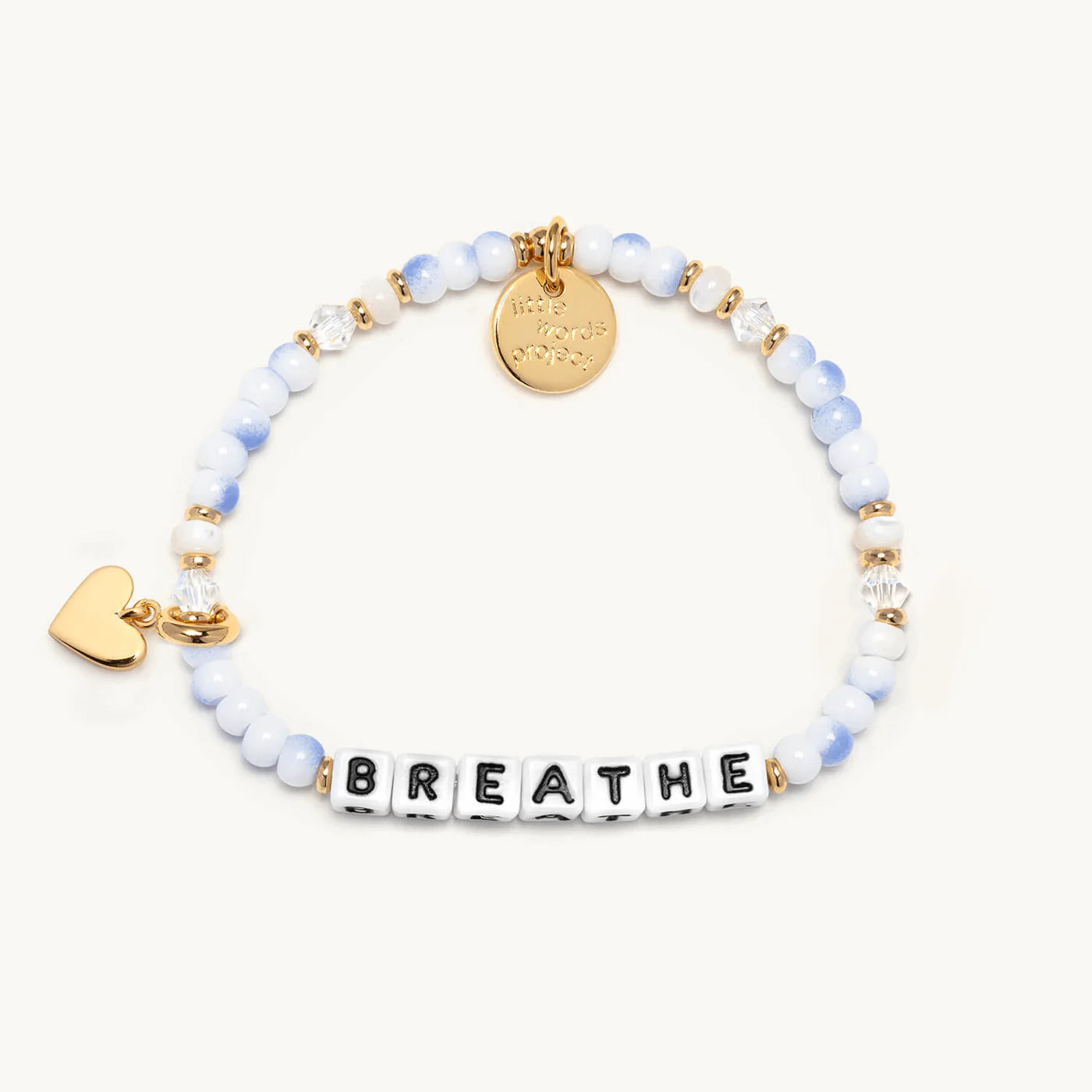 Little Words Project Breathe charm bracelet with engraved inspirational word, featuring colorful beads and silver accents.