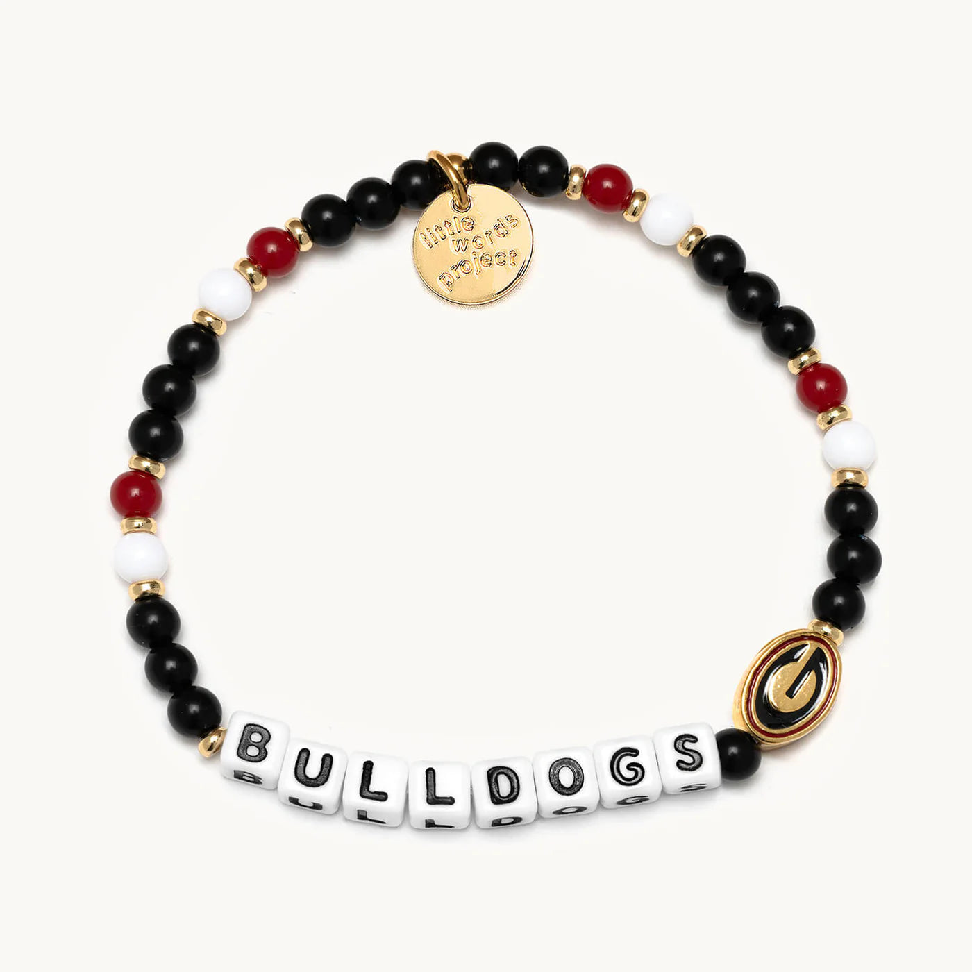 Little Words Project Bulldogs University of Georgia bracelet featuring the Bulldogs logo and university name on a clear background.