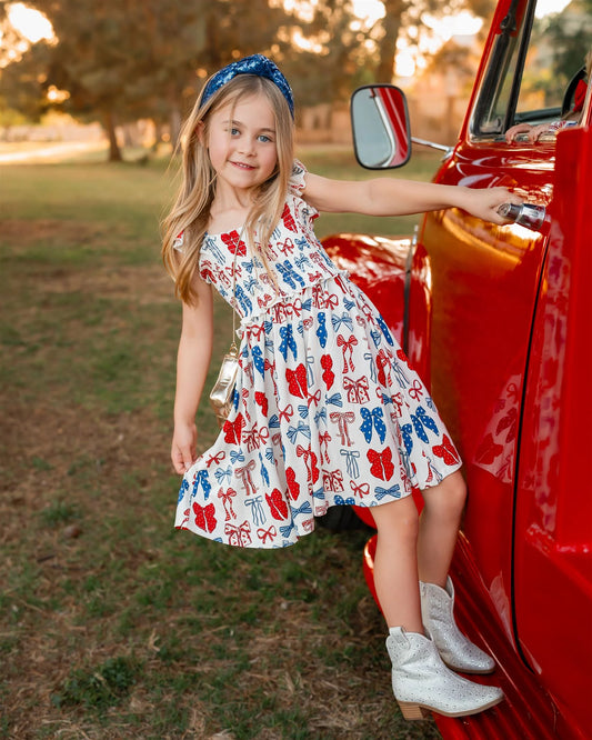 In My Jammers - Red White & Blue Bows Smocked Twirl Dress