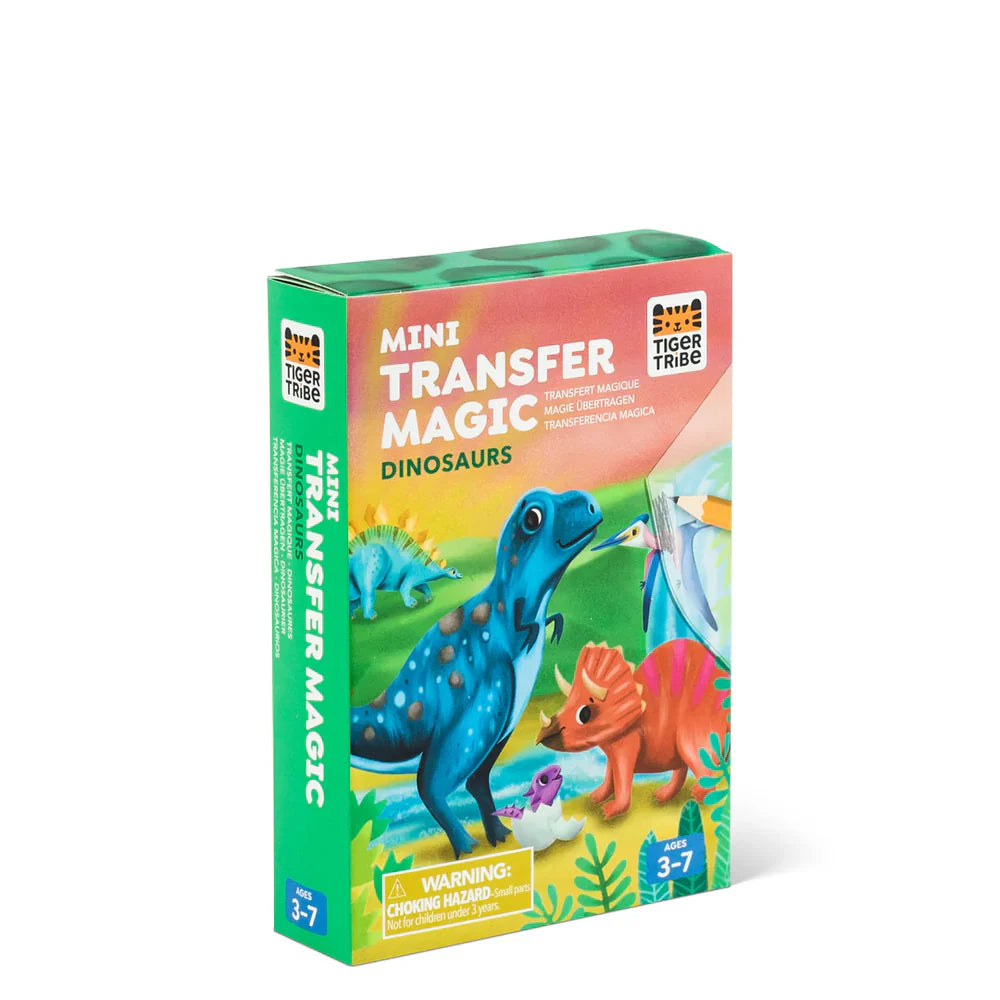 Dinosaur Mini Transfer Magic set by Tiger Tribe showing colorful dinosaur designs and transfer sheets on a white background.