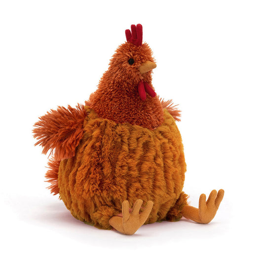 Soft Jellycat Cecile Chicken plush toy with fluffy cream-colored feathers and embroidered eyes, perfect for cuddling.
