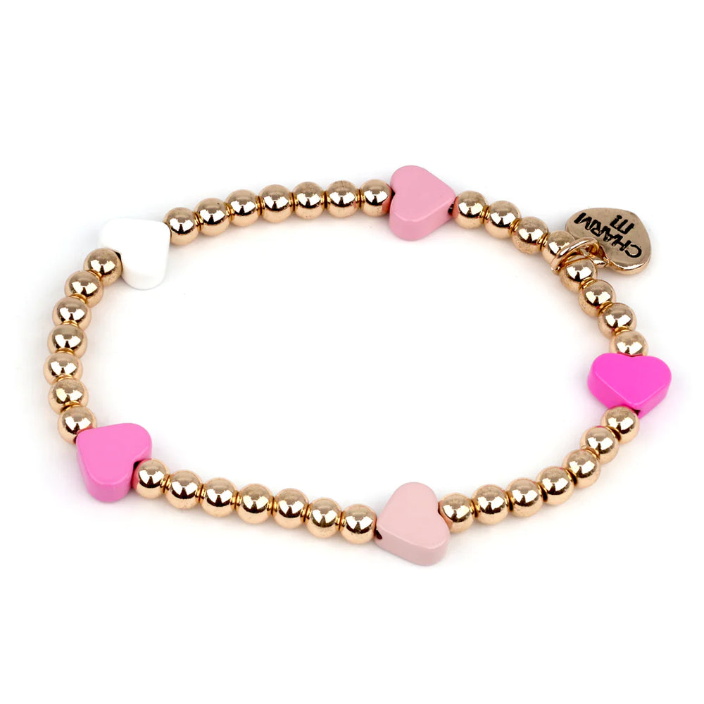 Charm it! - Gold Bead Pink Heart Stretch Bracelet