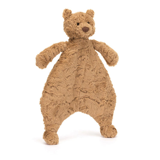 Jellycat Bartholomew Bear comforter with soft fabric and embroidered bear face, ideal for soothing babies and toddlers.