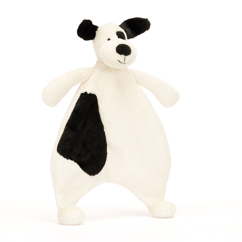 Jellycat Bashful Black and Cream Puppy comforter with soft plush fabric and floppy ears, ideal for cuddling and comfort.