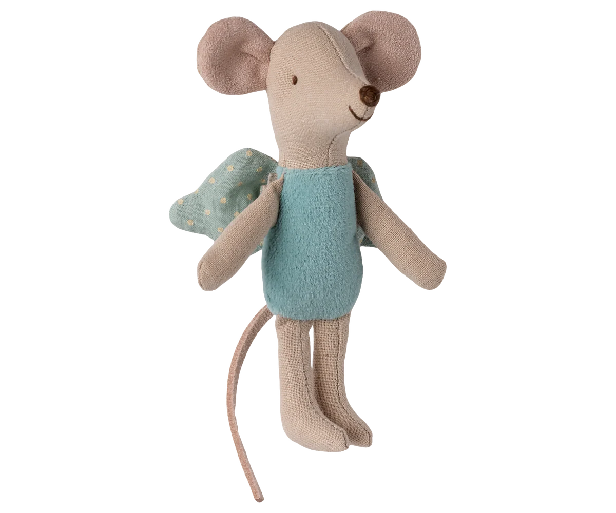 Maileg Fairy Mouse Little Mint plush toy with delicate mint-colored dress and fairy wings, detailed and charming for children.