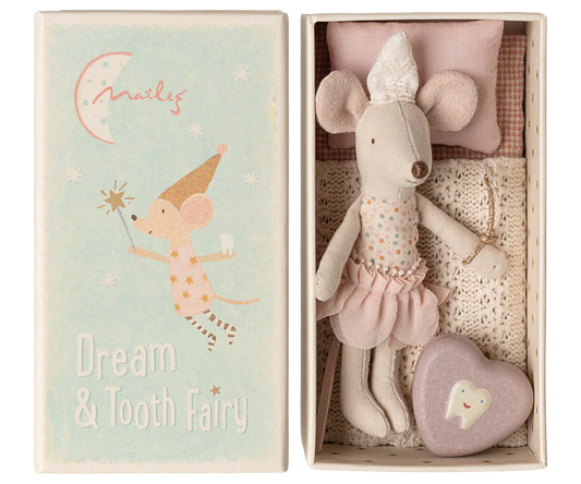 Maileg Tooth Fairy Mouse in a matchbox, adorable little sister plush toy with detailed features and colorful packaging.