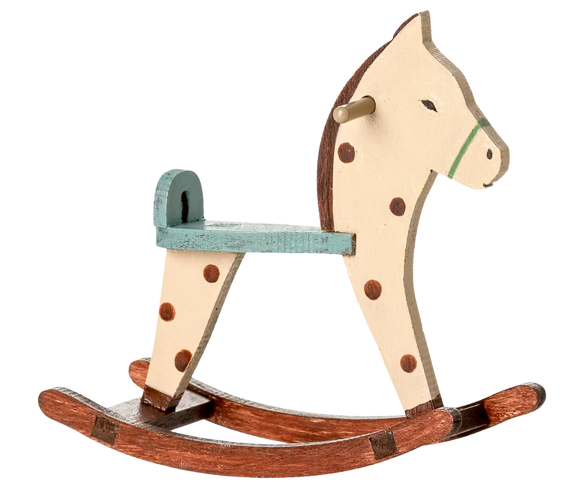 Maileg spotted mouse rocking horse toy with detailed features, suitable for children’s play and imaginative fun.