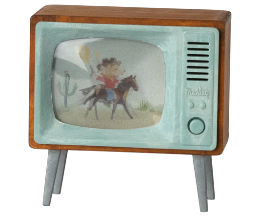 Maileg toy television and mouse set with colorful details, perfect for imaginative play and decorative display.