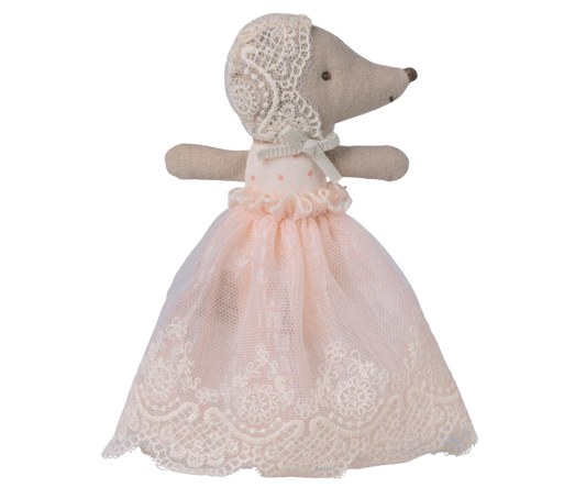 Maileg baby mouse in powder gown, plush toy with soft fabric and detailed clothing, ideal for children's play and collectible displays.