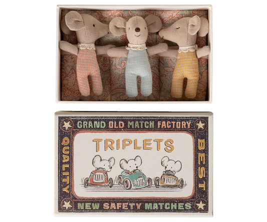 Maileg triplet baby mice in a matchbox, colorful checker design, adorable miniature toy figures for children or collectors