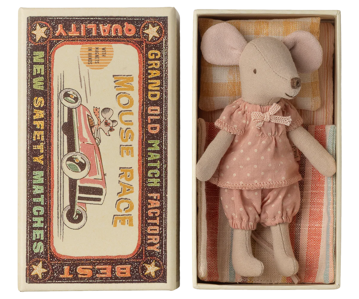 Maileg Big Sister Mouse in a matchbox, soft fabric plush toy with detailed features, perfect for children and collectors.