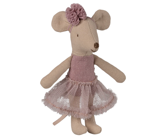 Maileg Ballerina Mouse Little Sister in Heather with pink tutu and ballet slippers, standing gracefully with a charming pose.