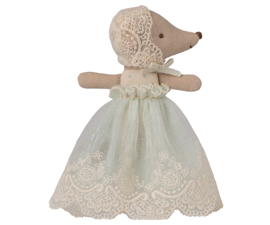 Baby Maileg mouse in a mint gown, soft fabric stuffed toy with delicate details, ideal for children's play and nursery decor.