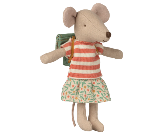 Green Maileg Tricycle Mouse, Big Sister plush toy with detailed features, designed for children and collectible display.