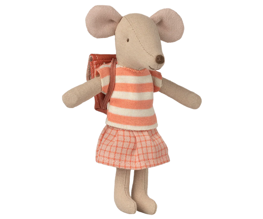 Maileg big sister tricycle mouse in coral, plush toy with detailed features, perfect for children and collectors.