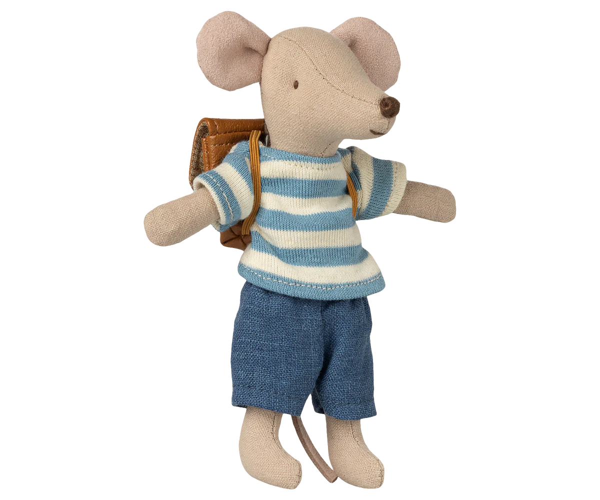 Maileg Big Brother tricycle mouse in brown, plush toy with detailed features, perfect for children's play and collectibles.