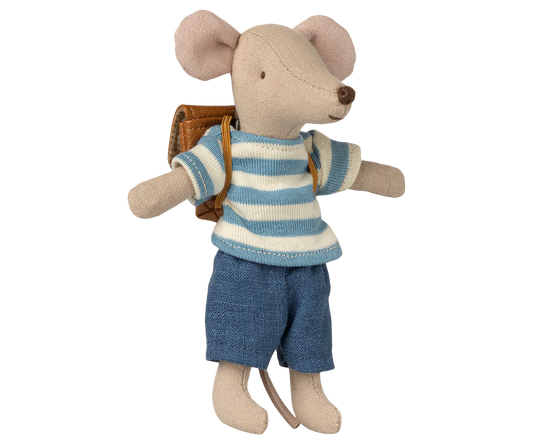 Maileg Big Brother tricycle mouse in brown, plush toy with detailed features, perfect for children's play and collectibles.