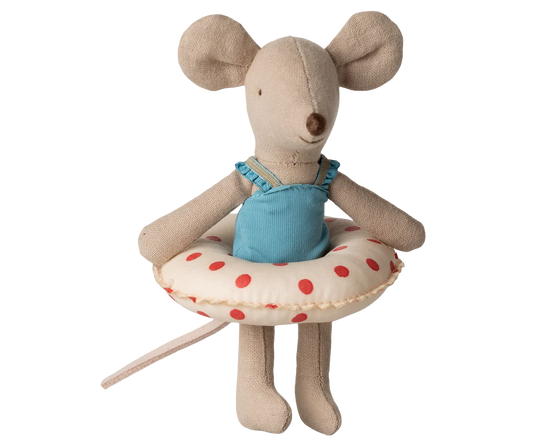 Maileg beach mouse plush toy with float, red dots, and little sister design, perfect for kids' summer play and imaginative fun.