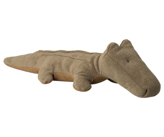 Medium olive green Crocodile Safari Friends toy by Maileg, soft plush animal with detailed features for children.
