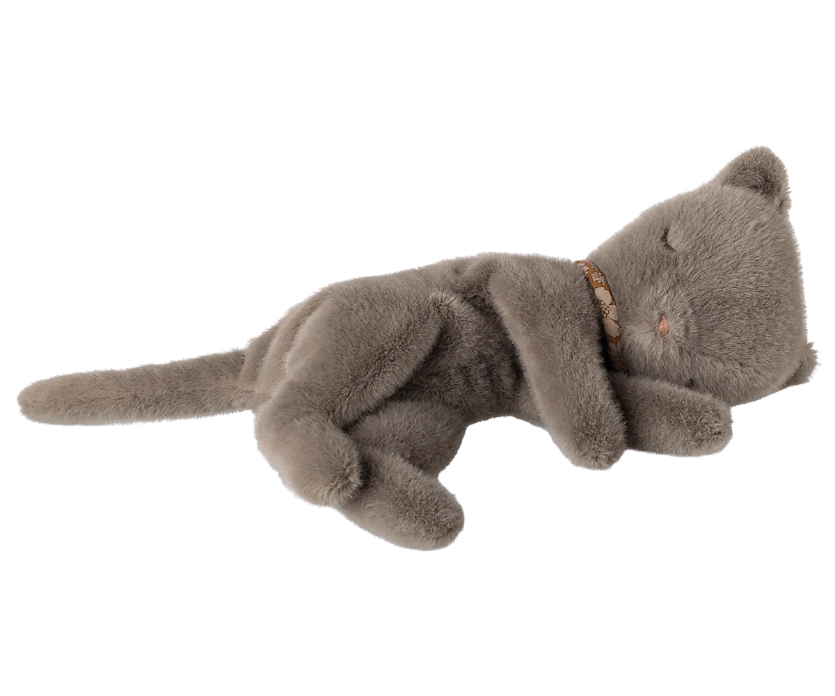 Grey Maileg Sleeping Kitten Plush, small and soft, with detailed features and cozy appearance.