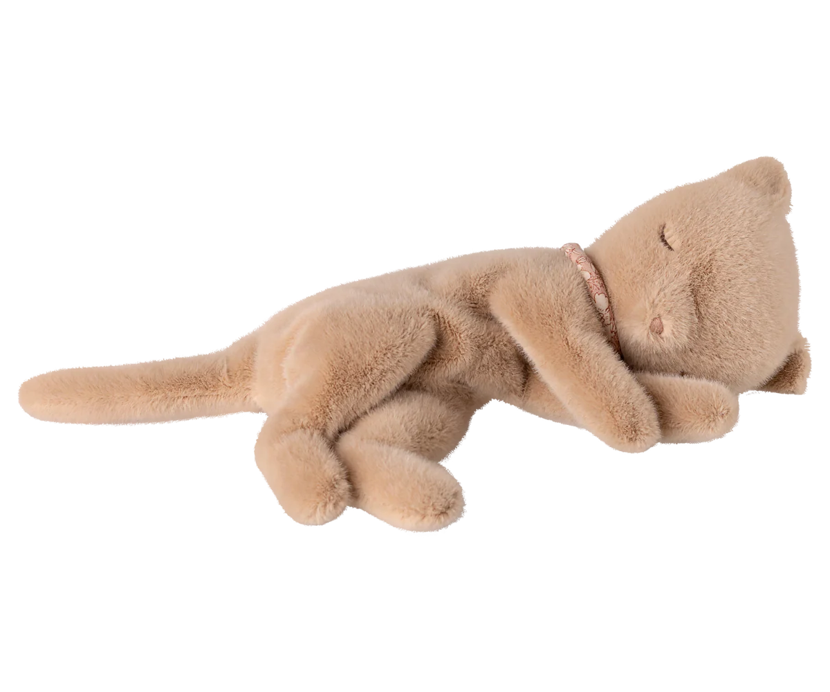 Cream-colored Maileg sleeping kitten plush, small size with peach accents, soft and adorable for cuddling or nursery decor.