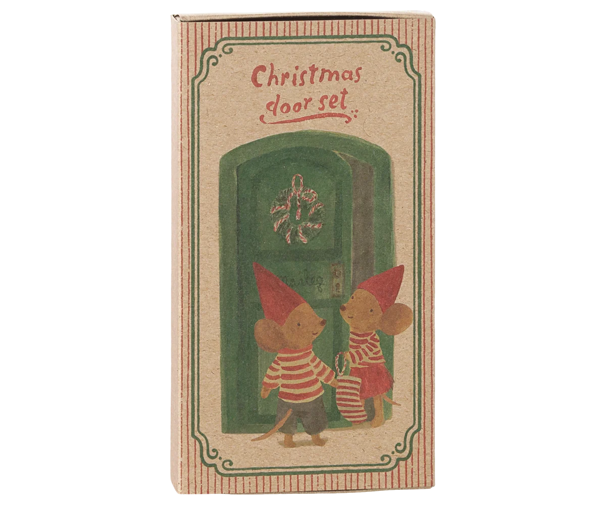 Maileg Christmas door set with mouse, featuring a miniature festive door accessory in holiday colors